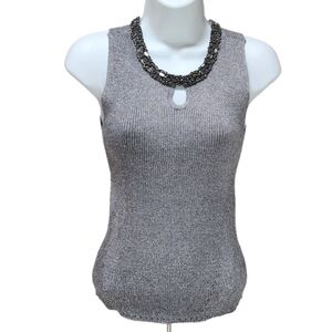Democracy Beaded Round Neck Ribbed Metallic Sweater Tank Top With Keyhole Gray S